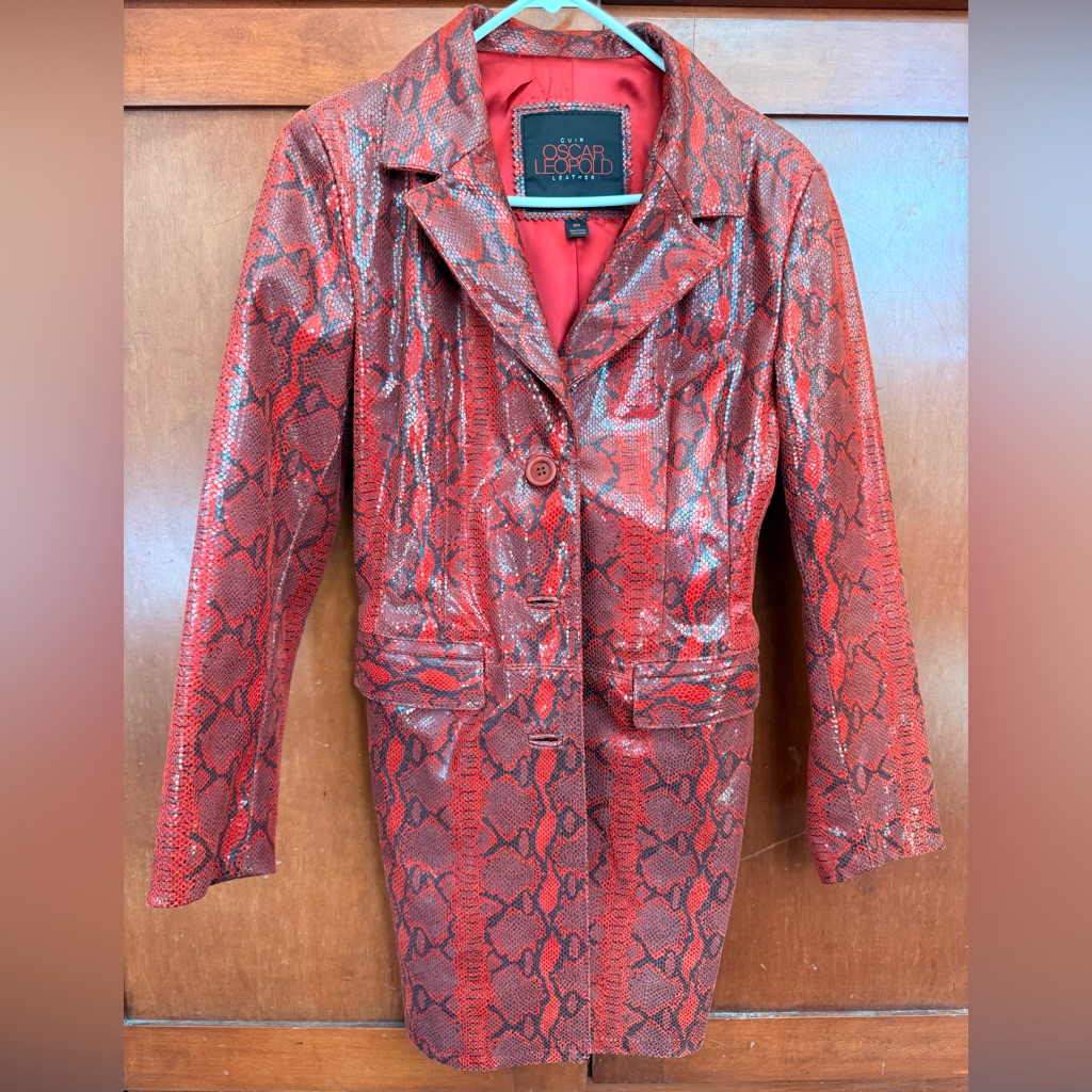 Oscar Leopoldo Vintage Red Snake-Print Trench Coat